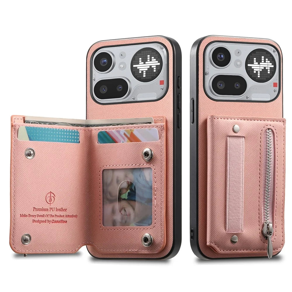 For Nothing Phone (4a) Pro Case RFID Blocking Card Holder Jeans Cloth Texture Leather Back Cover with Elastic Wristband - Pink - 3
