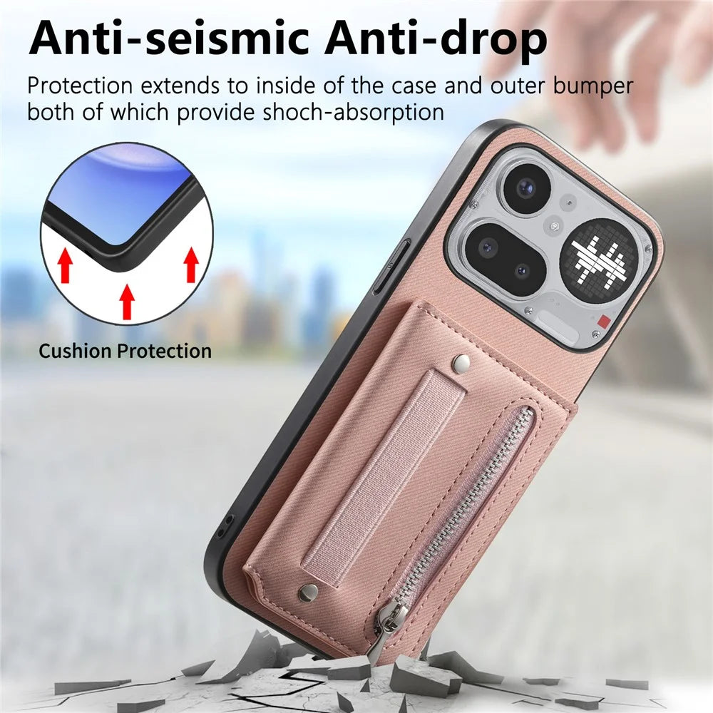 For Nothing Phone (4a) Pro Case RFID Blocking Card Holder Jeans Cloth Texture Leather Back Cover with Elastic Wristband - Pink - 4