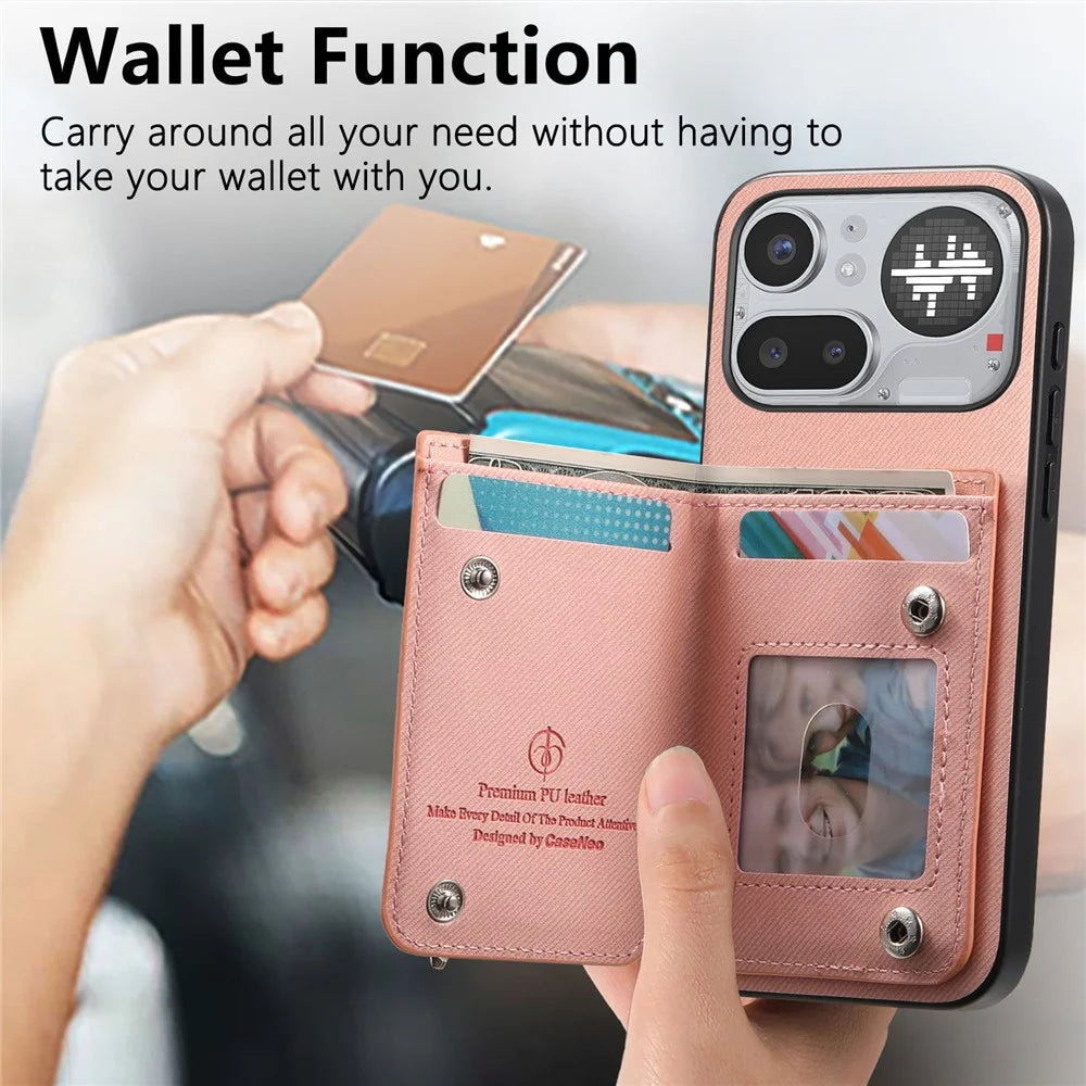 For Nothing Phone (4a) Pro Case RFID Blocking Card Holder Jeans Cloth Texture Leather Back Cover with Elastic Wristband - Pink - 5