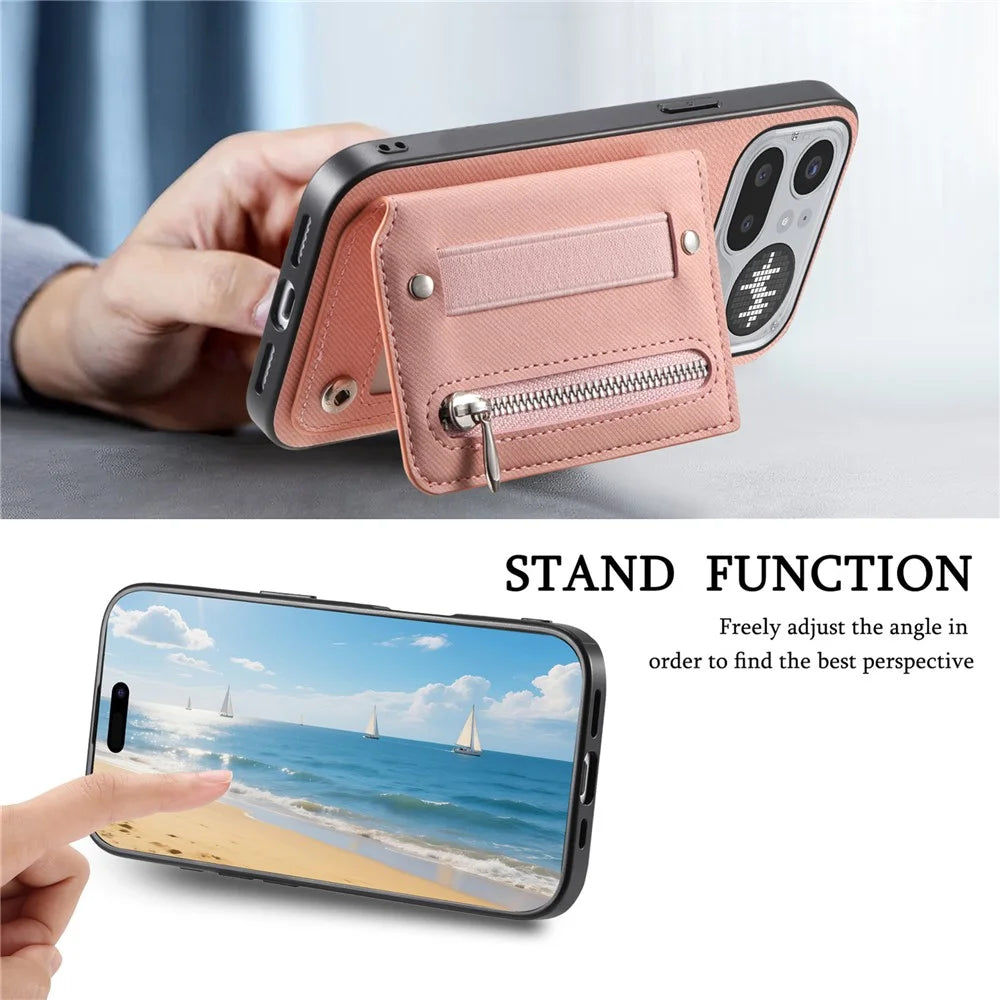 For Nothing Phone (4a) Pro Case RFID Blocking Card Holder Jeans Cloth Texture Leather Back Cover with Elastic Wristband - Pink - 6