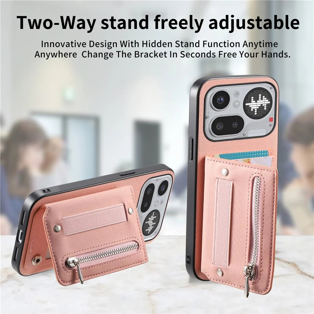 For Nothing Phone (4a) Pro Case RFID Blocking Card Holder Jeans Cloth Texture Leather Back Cover with Elastic Wristband - Pink - 7
