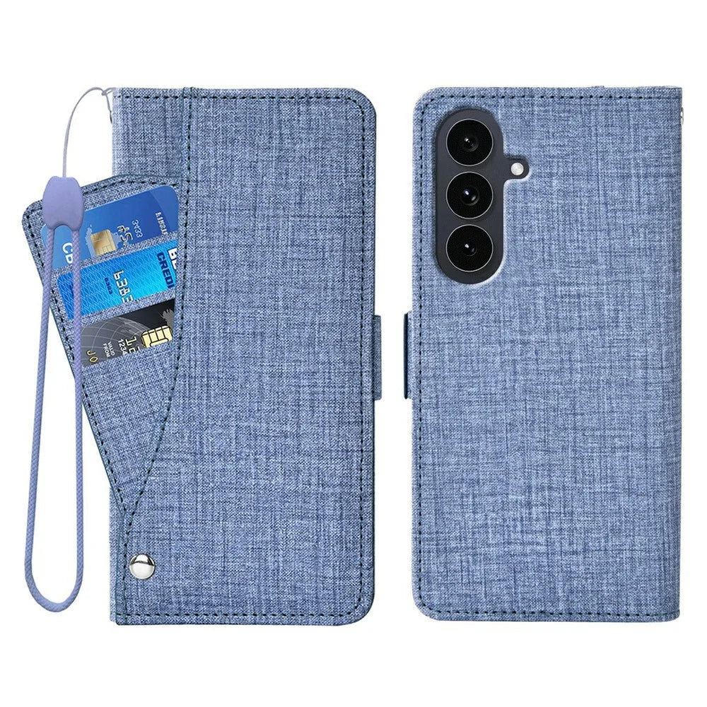 For Samsung Galaxy S26 FE Case Jean Cloth Texture PU Leather Wallet Phone Cover with Rotating Card Slots - Blue - 1