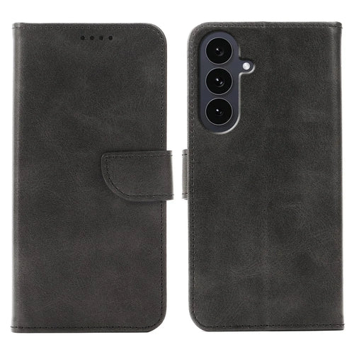 For Samsung Galaxy S26 FE Case Wallet Stand Magnetic Clasp Closure Calf Texture Leather Phone Cover - Black - 1