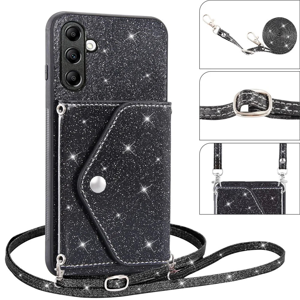 For Samsung Galaxy S26 FE Case Card Holder Kickstand PU Leather + TPU Glitter Phone Cover with Shoulder Strap - Black - 2