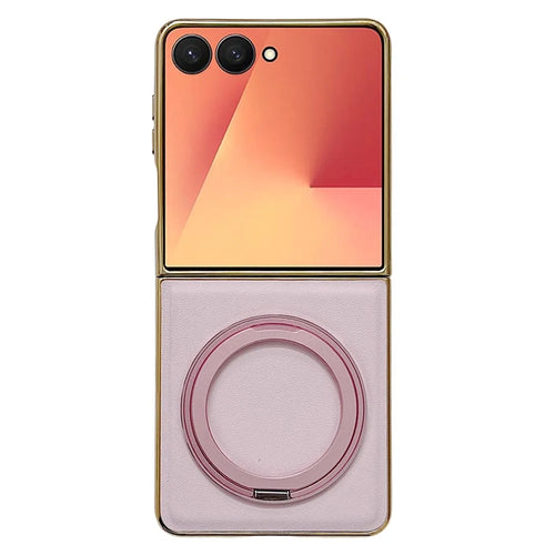 For Samsung Galaxy Z Flip8 Magnetic Case with Rotating Kickstand Nappa Texture PU TPU PC Phone Back Cover - Pink - 1