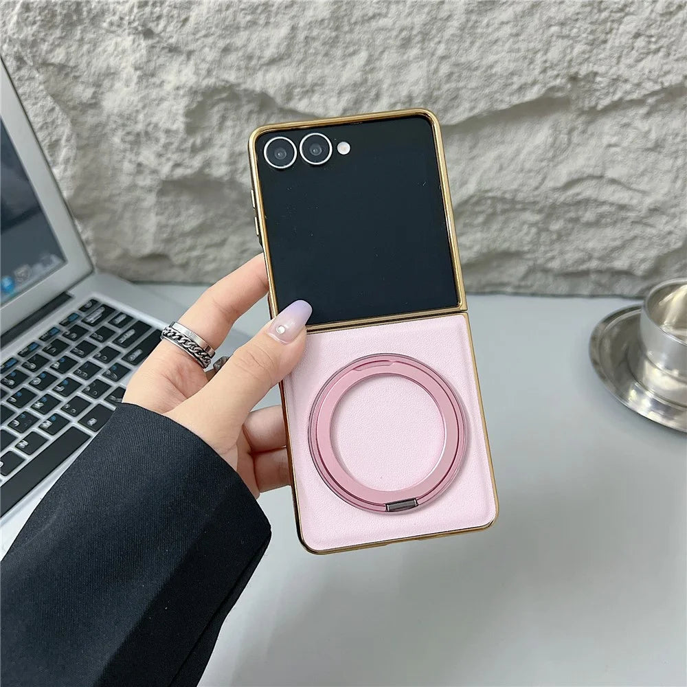 For Samsung Galaxy Z Flip8 Magnetic Case with Rotating Kickstand Nappa Texture PU TPU PC Phone Back Cover - Pink - 2