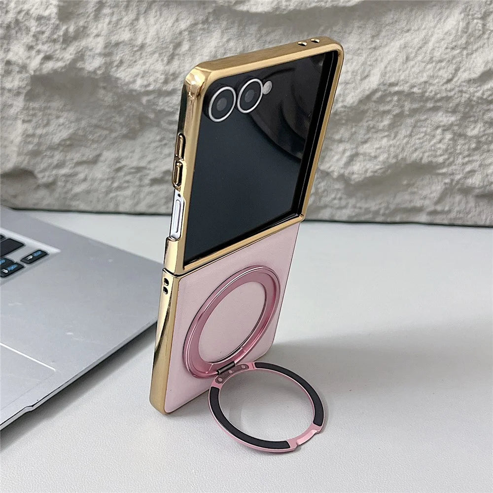 For Samsung Galaxy Z Flip8 Magnetic Case with Rotating Kickstand Nappa Texture PU TPU PC Phone Back Cover - Pink - 3
