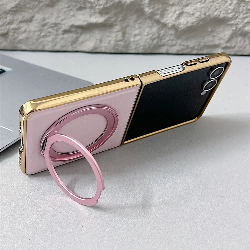 For Samsung Galaxy Z Flip8 Magnetic Case with Rotating Kickstand Nappa Texture PU TPU PC Phone Back Cover - Pink - 4
