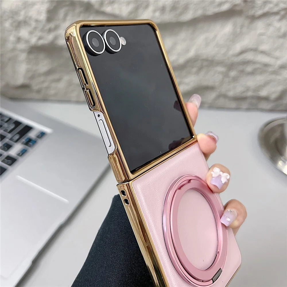 For Samsung Galaxy Z Flip8 Magnetic Case with Rotating Kickstand Nappa Texture PU TPU PC Phone Back Cover - Pink - 6