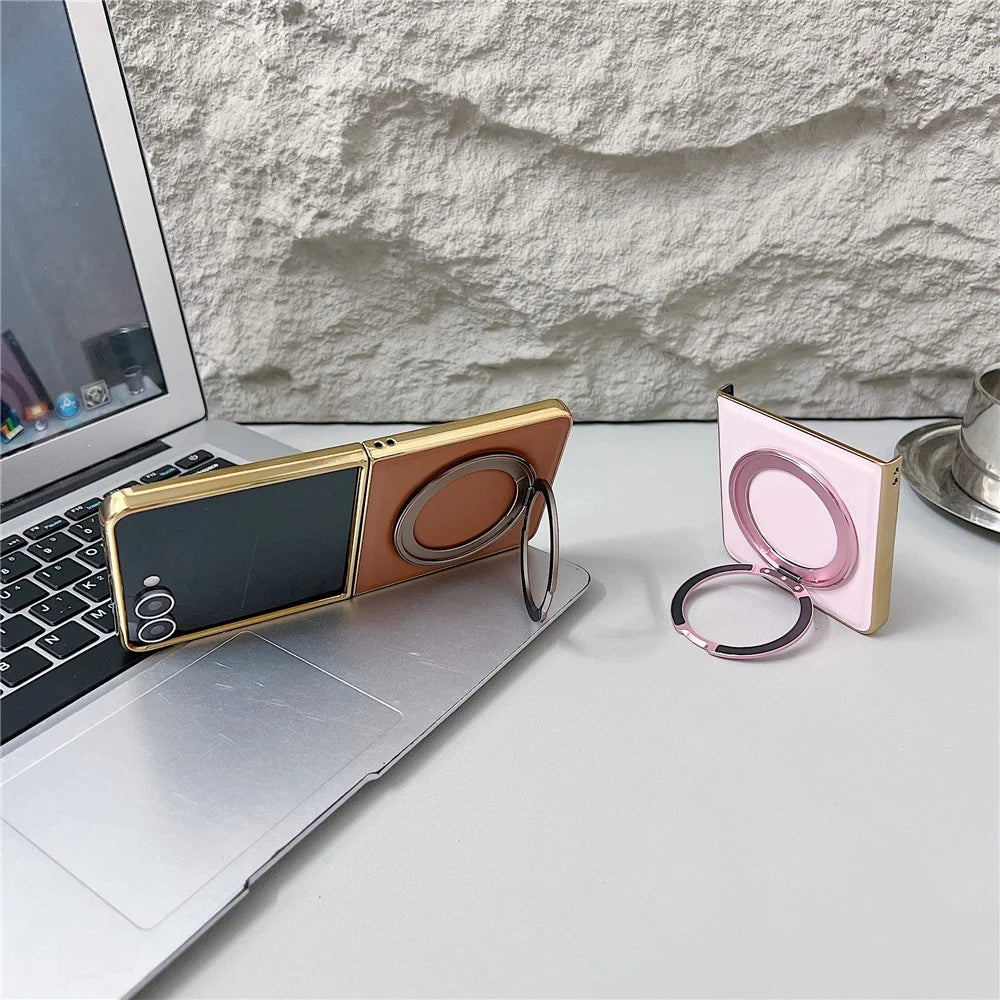 For Samsung Galaxy Z Flip8 Magnetic Case with Rotating Kickstand Nappa Texture PU TPU PC Phone Back Cover - Pink - 7