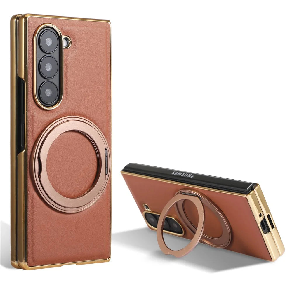 For Samsung Galaxy Z Fold8 Ultra Magnetic Case with Rotating Kickstand Nappa Texture PU TPU PC Phone Back Cover - Brown - 1