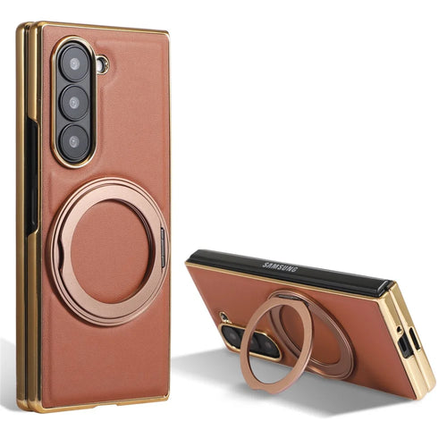 For Samsung Galaxy Z Fold8 Ultra Magnetic Case with Rotating Kickstand Nappa Texture PU TPU PC Phone Back Cover - Brown - 1