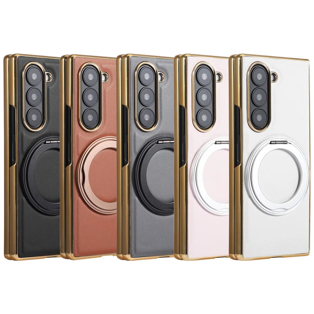For Samsung Galaxy Z Fold8 Ultra Magnetic Case with Rotating Kickstand Nappa Texture PU TPU PC Phone Back Cover - Brown - 6