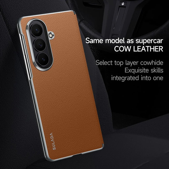SULADA For Samsung Galaxy Z Fold8 Ultra Case Genuine Cow Leather Frameless Phone Back Cover - Brown - 3