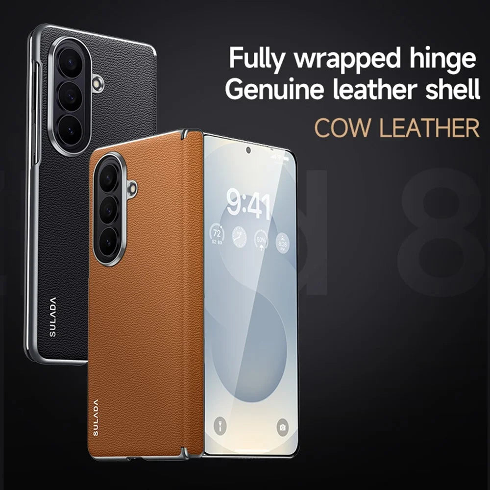 SULADA For Samsung Galaxy Z Fold8 Ultra Case Genuine Cow Leather Frameless Phone Back Cover - Brown - 7