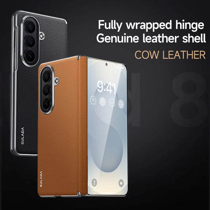 SULADA For Samsung Galaxy Z Fold8 Ultra Case Genuine Cow Leather Frameless Phone Back Cover - Brown - 7