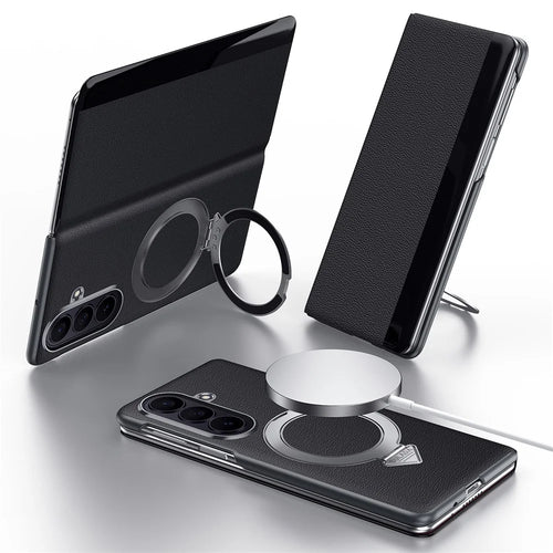 SULADA for Samsung Galaxy Z Fold8 Ultra Magnetic Case Kickstand Genuine Cow Leather Phone Cover with Card Slot - Black - 1