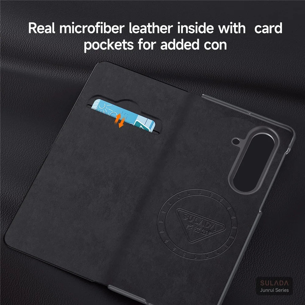 SULADA for Samsung Galaxy Z Fold8 Ultra Magnetic Case Kickstand Genuine Cow Leather Phone Cover with Card Slot - Black - 5