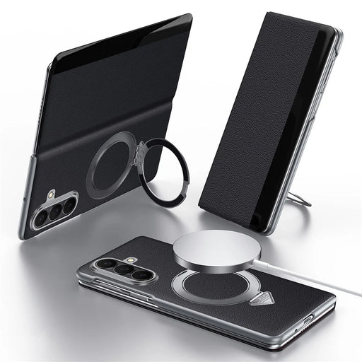 SULADA for Samsung Galaxy Z Fold7 5G Magnetic Case Kickstand Genuine Cow Leather Phone Cover with Card Slot - Black - 1