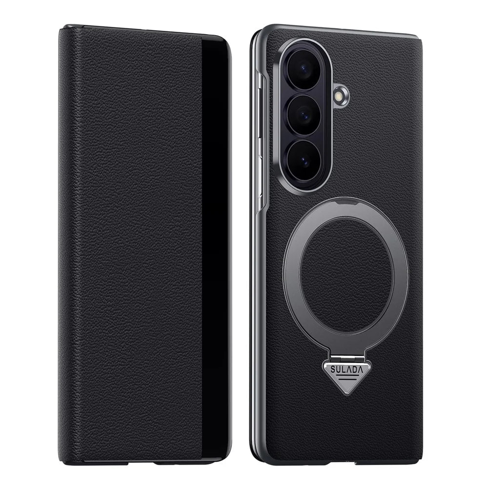 SULADA for Samsung Galaxy Z Fold7 5G Magnetic Case Kickstand Genuine Cow Leather Phone Cover with Card Slot - Black - 2