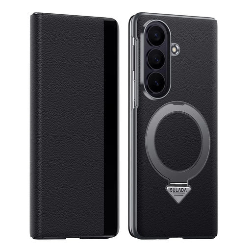 SULADA for Samsung Galaxy Z Fold7 5G Magnetic Case Kickstand Genuine Cow Leather Phone Cover with Card Slot - Black - 2