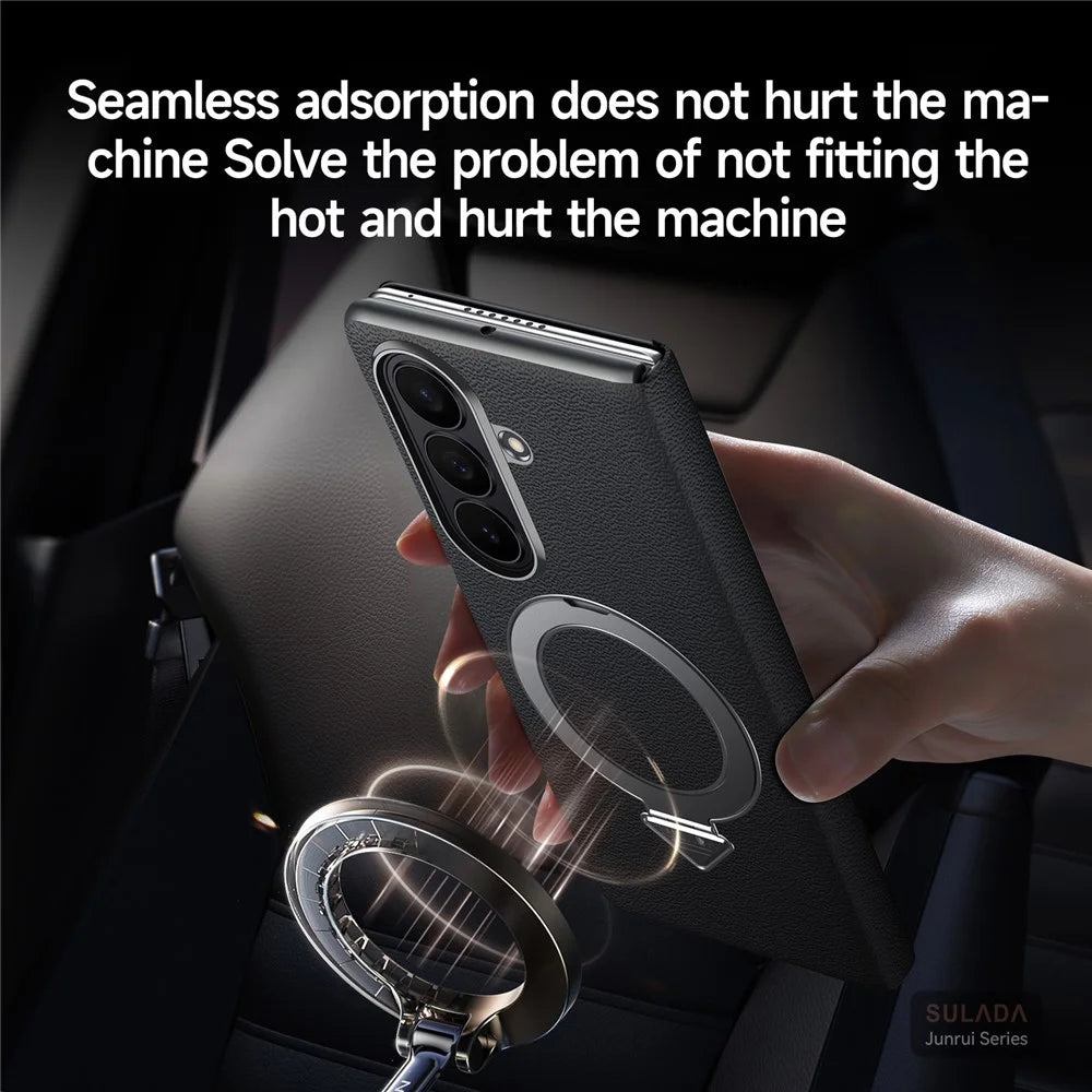 SULADA for Samsung Galaxy Z Fold7 5G Magnetic Case Kickstand Genuine Cow Leather Phone Cover with Card Slot - Black - 3