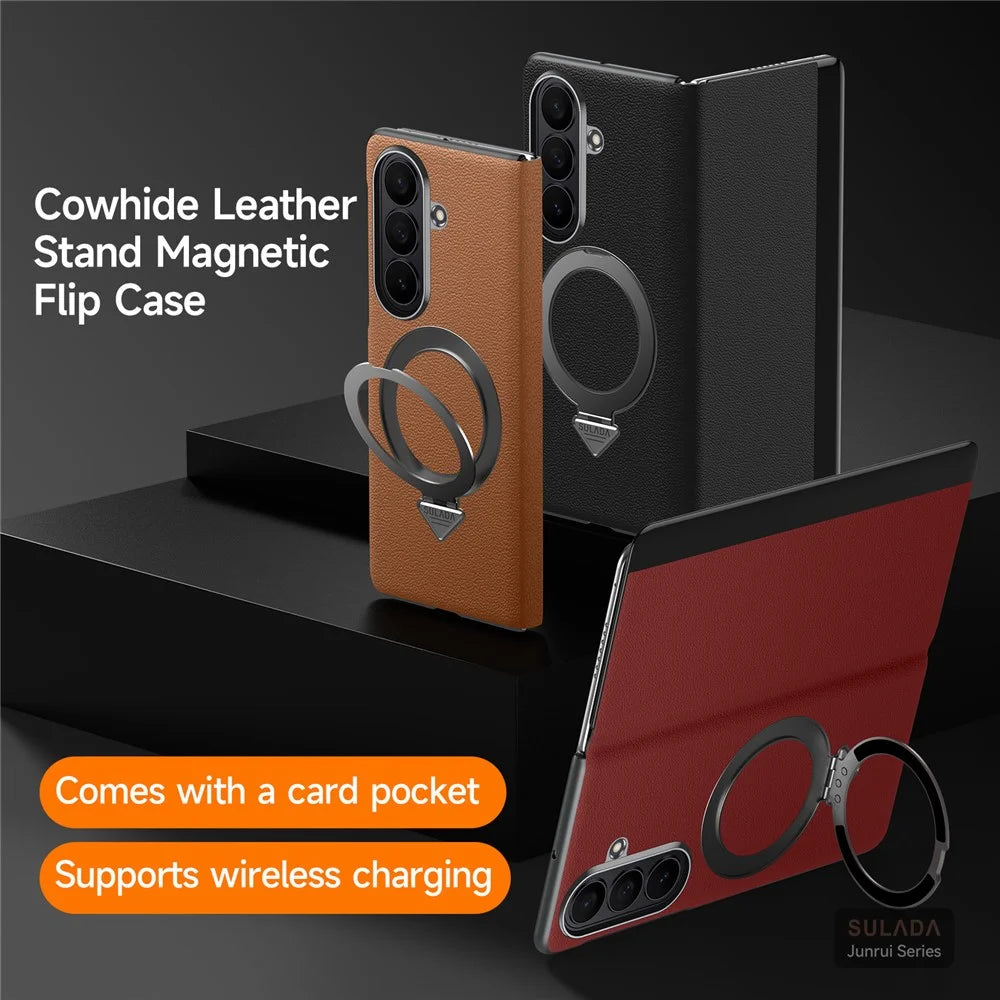 SULADA for Samsung Galaxy Z Fold7 5G Magnetic Case Kickstand Genuine Cow Leather Phone Cover with Card Slot - Black - 6