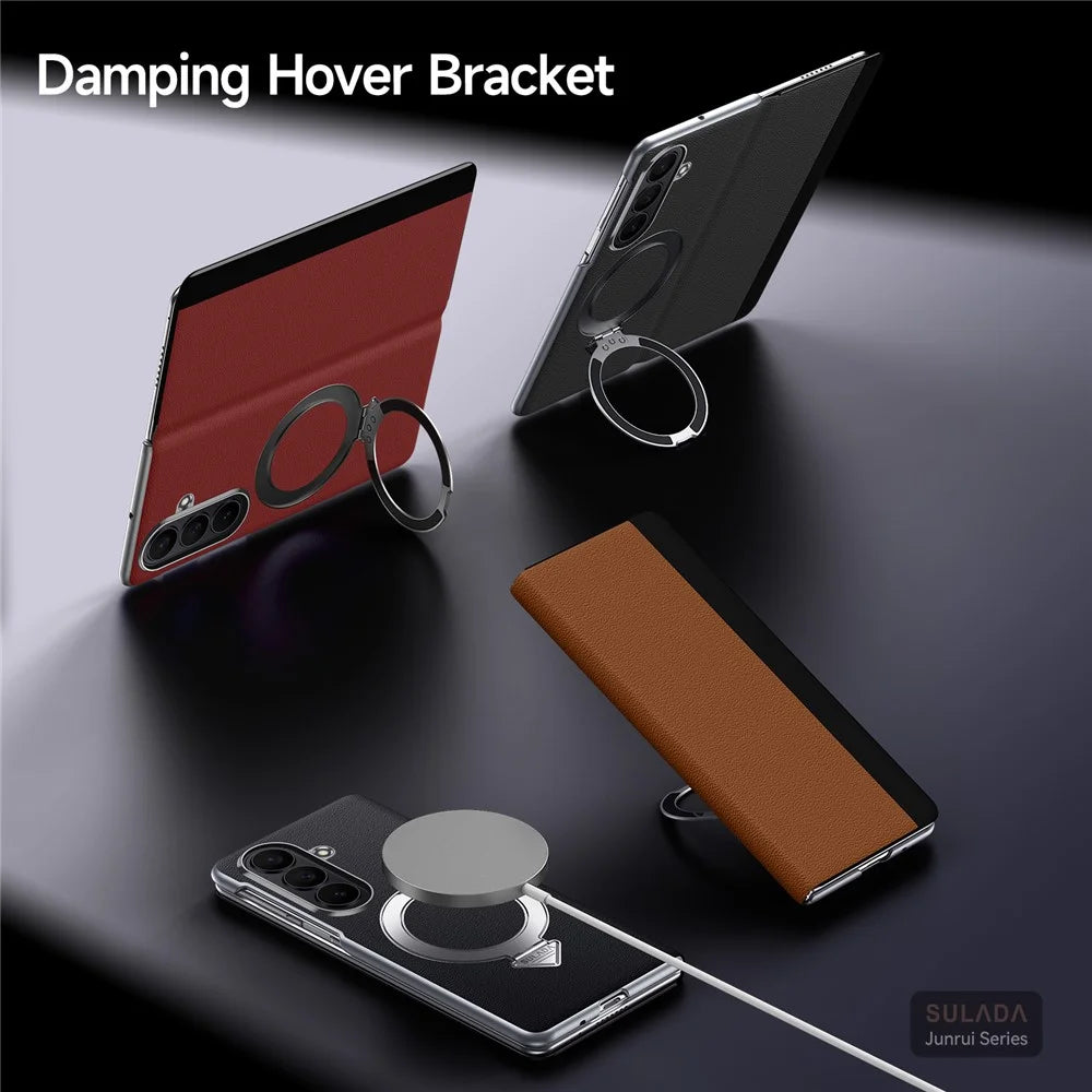 SULADA for Samsung Galaxy Z Fold7 5G Magnetic Case Kickstand Genuine Cow Leather Phone Cover with Card Slot - Black - 7