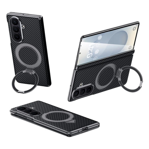 SULADA For Samsung	Galaxy Z Fold8 Ultra Magnetic Case Kickstand PU + PC Phone Cover Carbon Fiber Texture - Black - 1