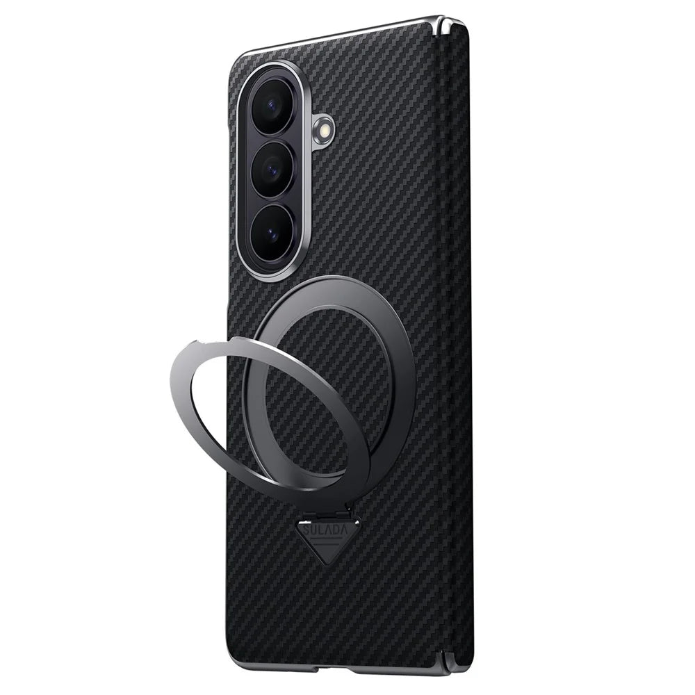 SULADA For Samsung	Galaxy Z Fold8 Ultra Magnetic Case Kickstand PU + PC Phone Cover Carbon Fiber Texture - Black - 2