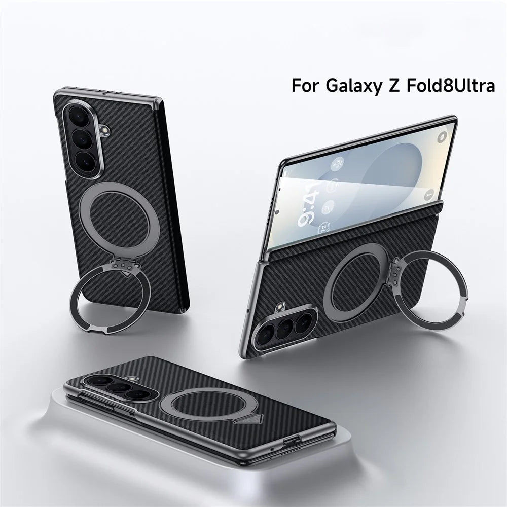 SULADA For Samsung	Galaxy Z Fold8 Ultra Magnetic Case Kickstand PU + PC Phone Cover Carbon Fiber Texture - Black - 3
