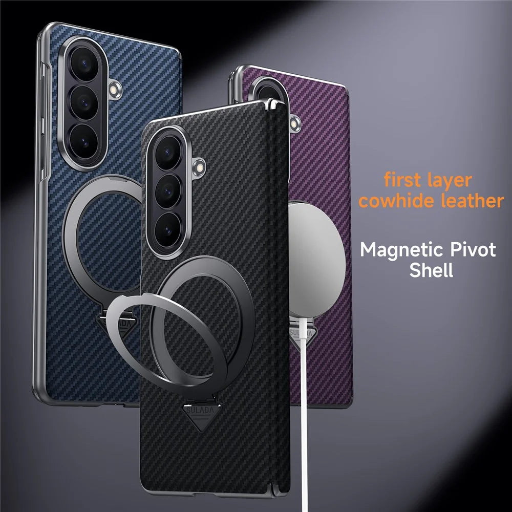 SULADA For Samsung	Galaxy Z Fold8 Ultra Magnetic Case Kickstand PU + PC Phone Cover Carbon Fiber Texture - Black - 4