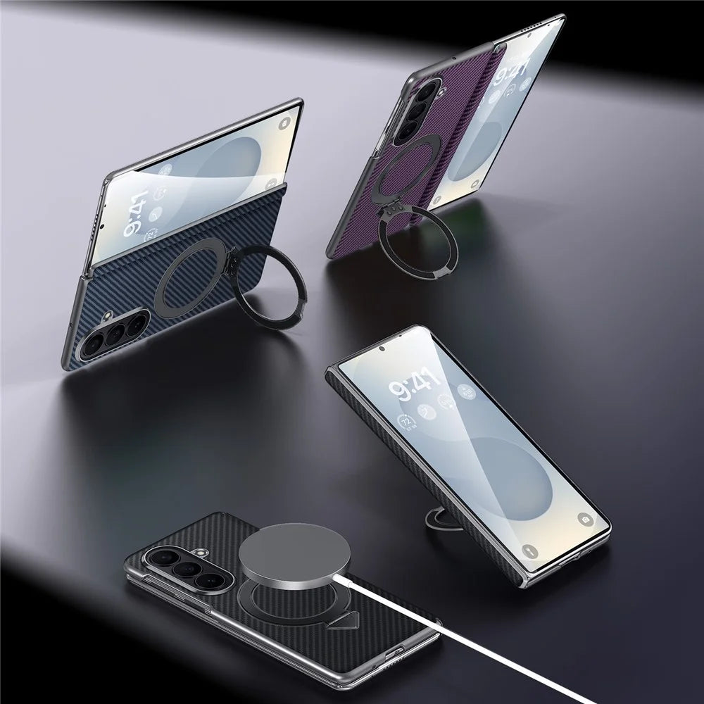SULADA For Samsung	Galaxy Z Fold8 Ultra Magnetic Case Kickstand PU + PC Phone Cover Carbon Fiber Texture - Black - 5