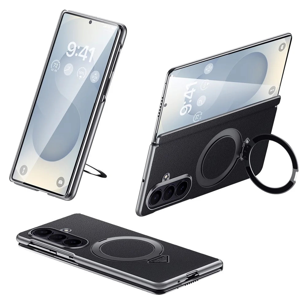 For Samsung Galaxy Z Fold8 Ultra Magnetic Case Genuine Cow Leather + PC Kickstand Phone Cover - Black - 1