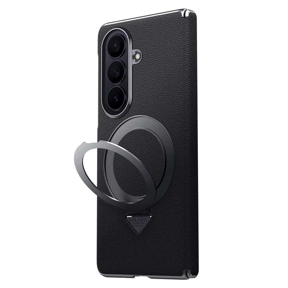 For Samsung Galaxy Z Fold8 Ultra Magnetic Case Genuine Cow Leather + PC Kickstand Phone Cover - Black - 2