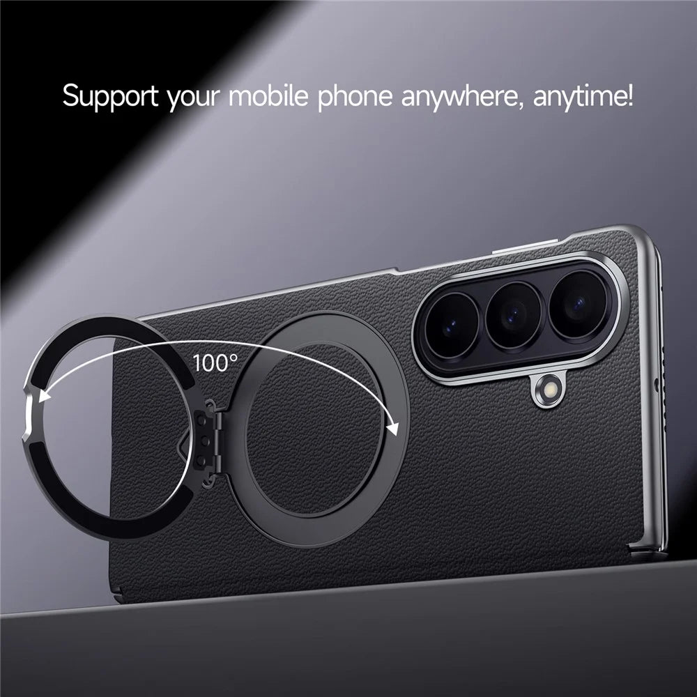 For Samsung Galaxy Z Fold8 Ultra Magnetic Case Genuine Cow Leather + PC Kickstand Phone Cover - Black - 7