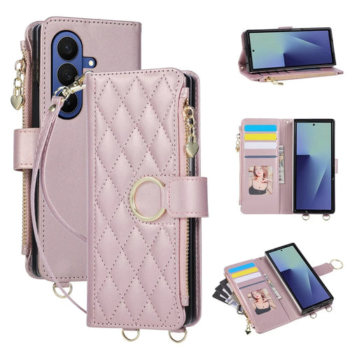 For Samsung Galaxy Z Fold8 Ultra Case Magnetic Ring Buckle Zipper Pocket Rhombic Leather Phone Cover with Wrist Strap - Pink - 1