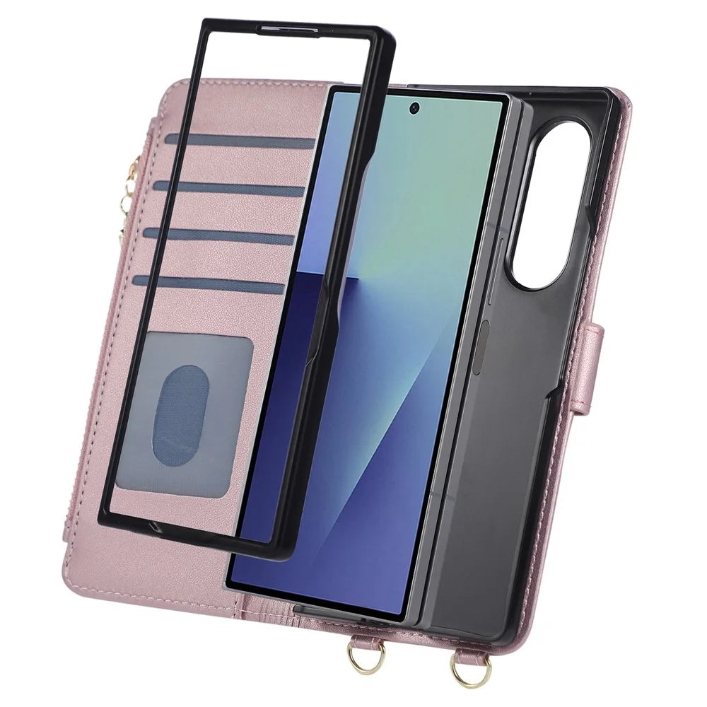 For Samsung Galaxy Z Fold8 Ultra Case Magnetic Ring Buckle Zipper Pocket Rhombic Leather Phone Cover with Wrist Strap - Pink - 2