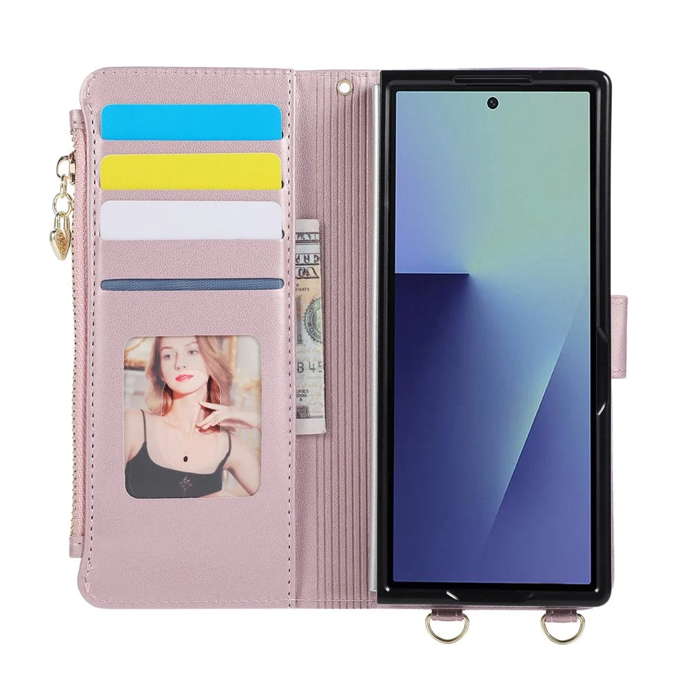 For Samsung Galaxy Z Fold8 Ultra Case Magnetic Ring Buckle Zipper Pocket Rhombic Leather Phone Cover with Wrist Strap - Pink - 3