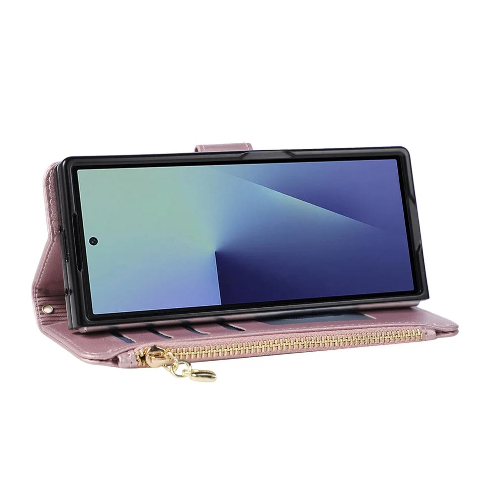 For Samsung Galaxy Z Fold8 Ultra Case Magnetic Ring Buckle Zipper Pocket Rhombic Leather Phone Cover with Wrist Strap - Pink - 4