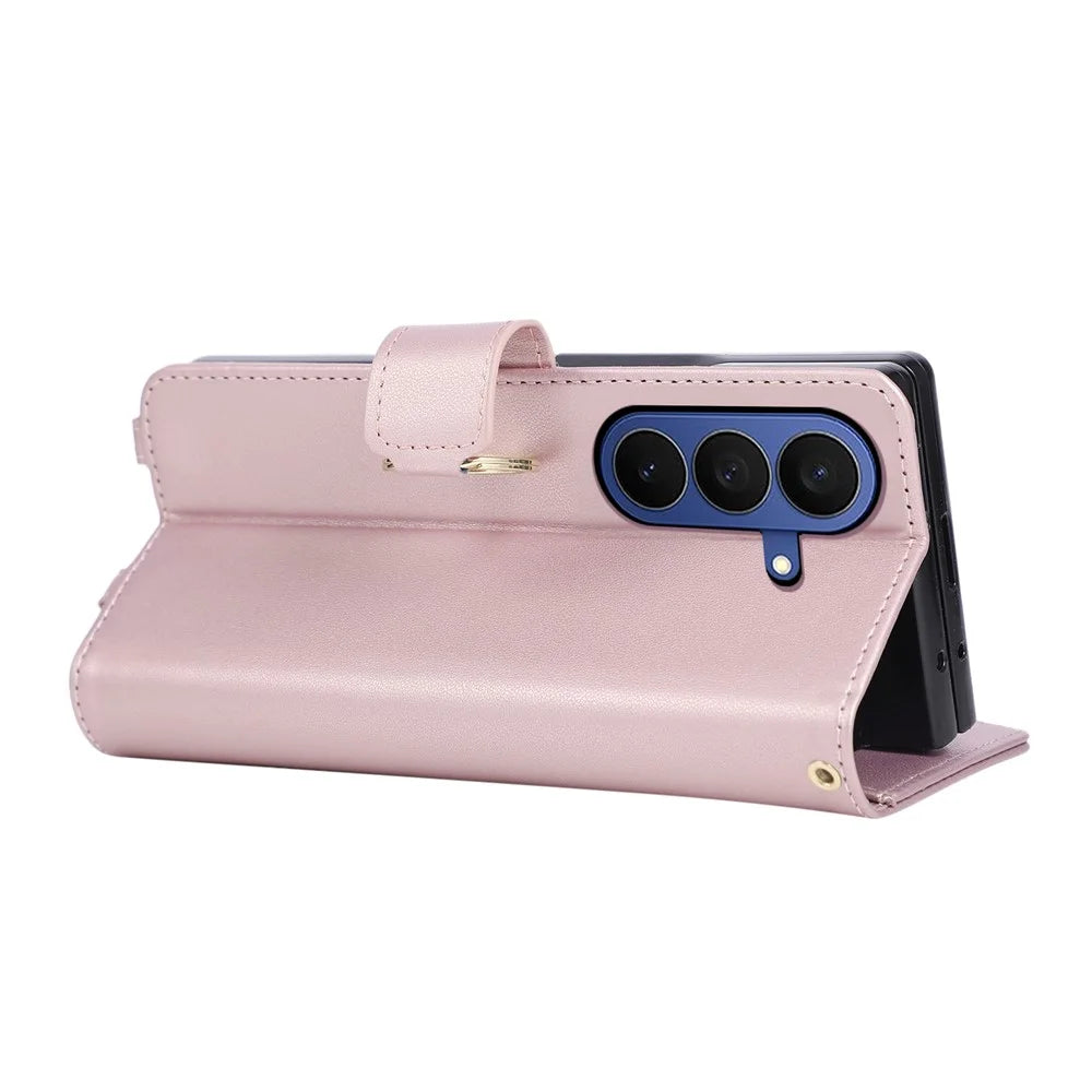 For Samsung Galaxy Z Fold8 Ultra Case Magnetic Ring Buckle Zipper Pocket Rhombic Leather Phone Cover with Wrist Strap - Pink - 5