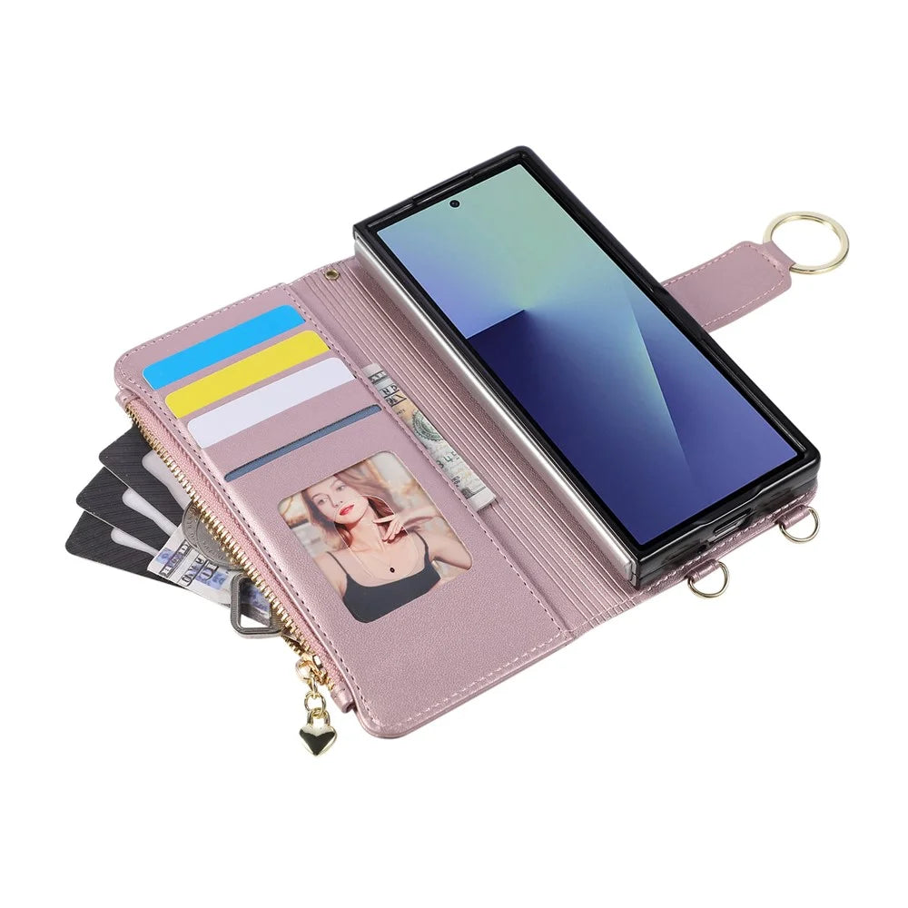 For Samsung Galaxy Z Fold8 Ultra Case Magnetic Ring Buckle Zipper Pocket Rhombic Leather Phone Cover with Wrist Strap - Pink - 6