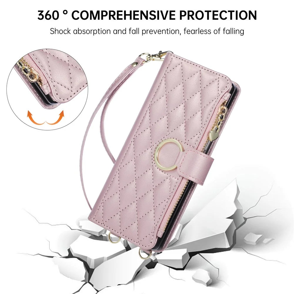 For Samsung Galaxy Z Fold8 Ultra Case Magnetic Ring Buckle Zipper Pocket Rhombic Leather Phone Cover with Wrist Strap - Pink - 7