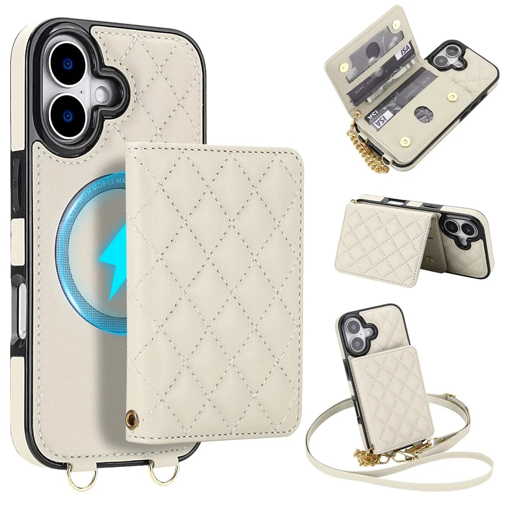 For iPhone 17 Magnetic Case Detachable Card Holder Kickstand PU Leather Phone Back Cover with Wrist Strap + Long Strap - White - 1