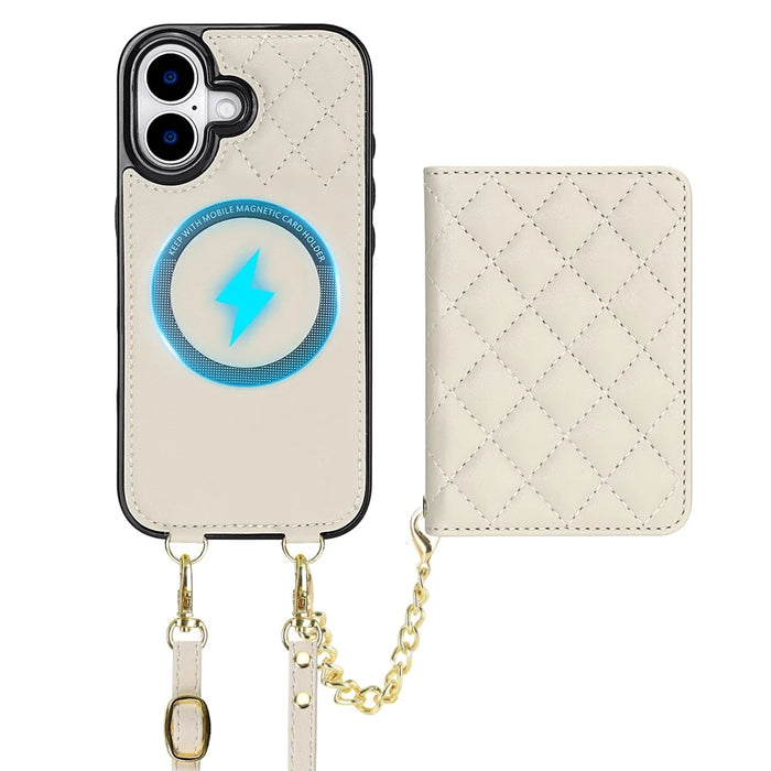 For iPhone 17 Magnetic Case Detachable Card Holder Kickstand PU Leather Phone Back Cover with Wrist Strap + Long Strap - White - 2