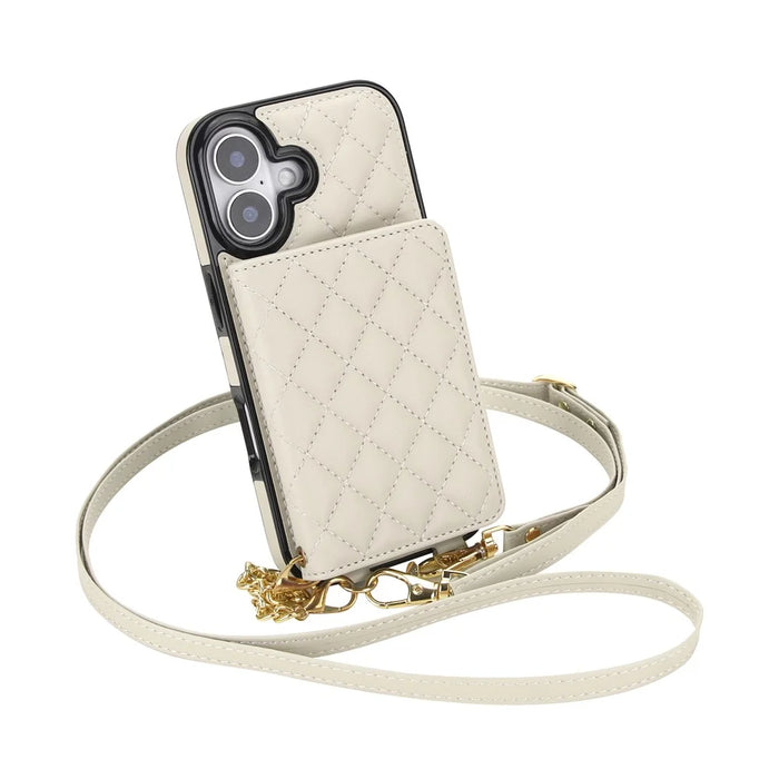 For iPhone 17 Magnetic Case Detachable Card Holder Kickstand PU Leather Phone Back Cover with Wrist Strap + Long Strap - White - 5