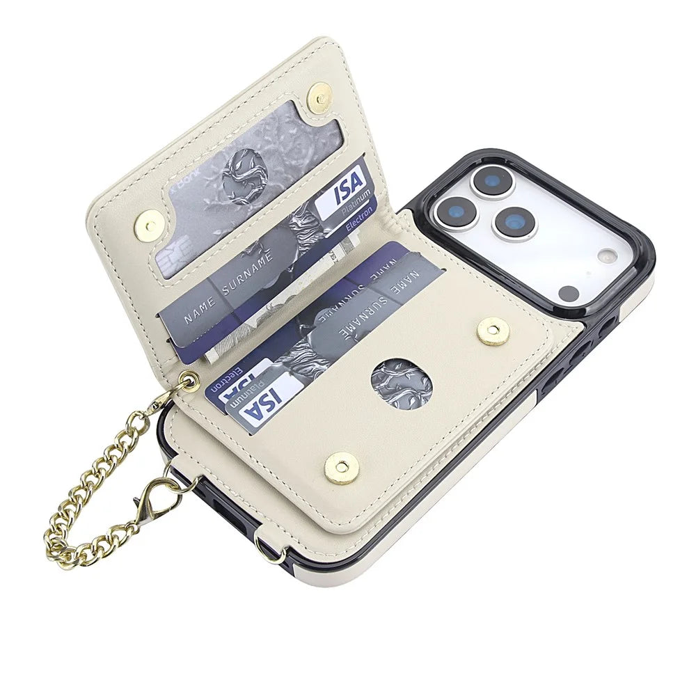 For iPhone 17 Pro Max Magnetic Case Detachable Card Holder Kickstand PU Leather Phone Back Cover with Wrist Strap + Long Strap - White - 3