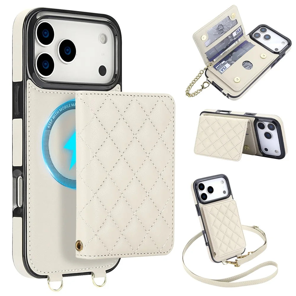 For iPhone 17 Pro Magnetic Case Detachable Card Holder Kickstand PU Leather Phone Back Cover with Wrist Strap + Long Strap - White - 1