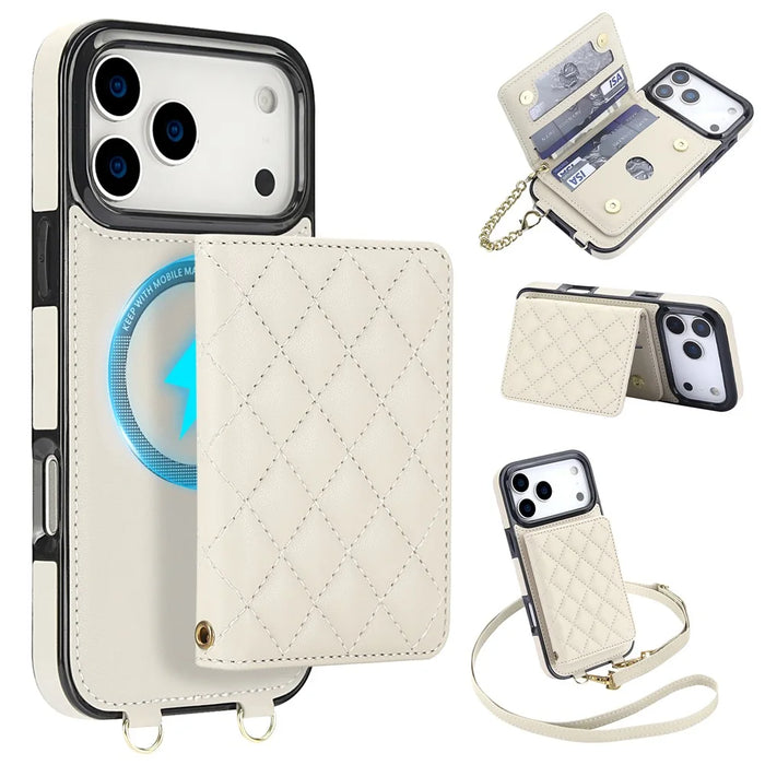 For iPhone 17 Pro Magnetic Case Detachable Card Holder Kickstand PU Leather Phone Back Cover with Wrist Strap + Long Strap - White - 1