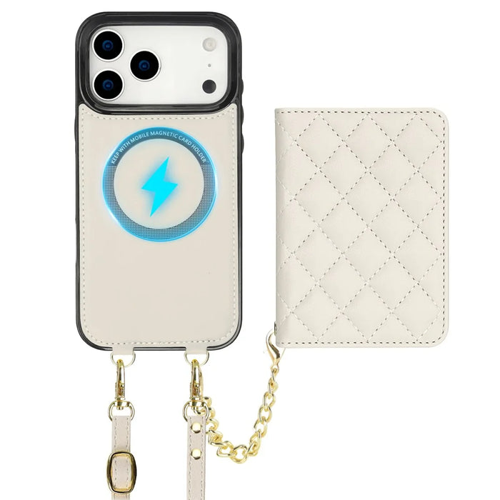 For iPhone 17 Pro Magnetic Case Detachable Card Holder Kickstand PU Leather Phone Back Cover with Wrist Strap + Long Strap - White - 2